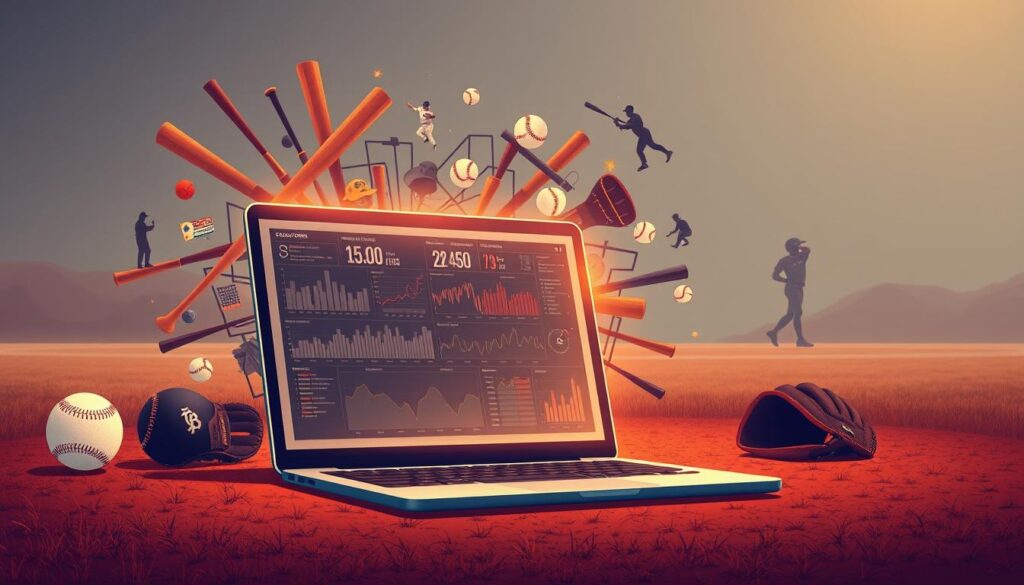 A data-driven analysis of baseball's rich history, showcased in a stylized digital illustration. In the foreground, a laptop displays complex statistical visualizations, the screen's glow casting a warm, cerebral light. Surrounding it, a tangle of baseball-themed elements - bats, balls, gloves, and player silhouettes - create a dynamic, interconnected composition. In the background, a muted, textured field suggests the timeless setting of the game, while subtle lighting and atmospheric effects evoke a sense of contemplation and discovery. The overall scene conveys the idea of harnessing modern tools to uncover new insights and perspectives on the sport's greatest achievements.