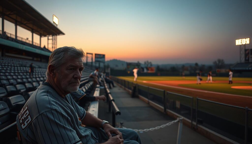 A gritty, dimly-lit stadium in a small town, the stands sparsely populated. In the foreground, a weary minor league player sits on a bench, his face etched with the strain of long bus rides and meager paychecks. In the middle ground, teammates practice half-heartedly, their once-bright dreams fading. The distant outfield is shrouded in a hazy twilight, a metaphor for the uncertain futures of these aspiring professionals. The scene conveys the harsh realities of life in the minors - the grind, the sacrifices, and the slim chances of ever making it to the big leagues.