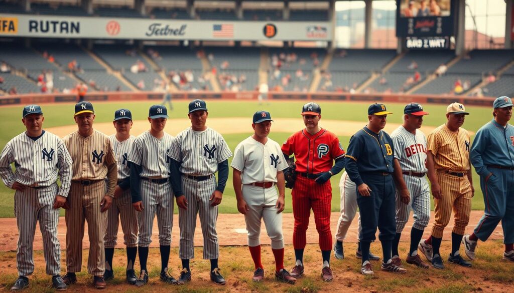 A historical progression of baseball uniforms, showcasing the evolution of the sport's style and fashion over the decades. In the foreground, a diverse array of vintage uniforms from different eras - from the classic pinstriped suits of the early 20th century to the bold, vibrant designs of the 1970s. In the middle ground, players wearing these uniforms engaged in various on-field activities, capturing the dynamic nature of the game. The background features a softly blurred stadium backdrop, hinting at the broader cultural and societal contexts that have shaped the sport's sartorial development. Warm, nostalgic lighting casts a timeless glow, evoking the rich tapestry of baseball's storied past.