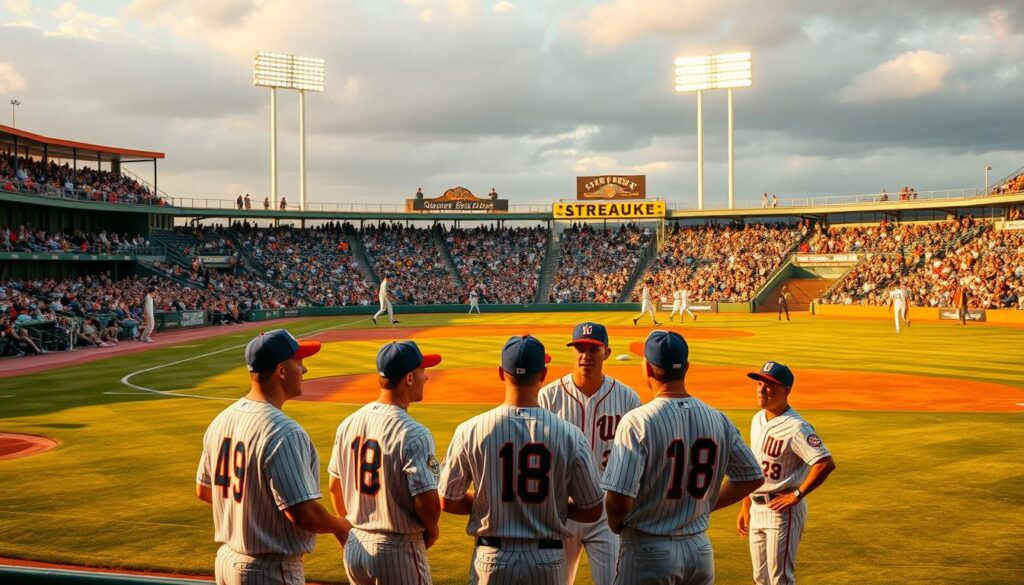 A lively baseball diamond set against a backdrop of spectators in the bleachers, capturing the energy and camaraderie of the sport. In the foreground, players engage in animated discussions, their gestures and expressions conveying the rich, idiomatic language that permeates the game. The middle ground features a diverse crowd, each individual representing a unique perspective and contribution to the collective baseball culture. Warm, golden lighting bathes the scene, evoking a nostalgic, timeless atmosphere that reflects the enduring legacy of the sport. The overall composition emphasizes the interplay between the players, the fans, and the shared language that binds them together in this distinctive cultural landscape.