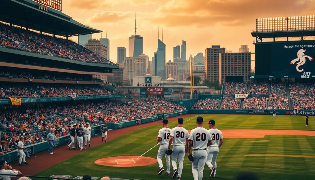 A lively baseball stadium filled with energetic fans, the atmosphere electric with the thrill of the game. In the foreground, players in crisp uniforms take the field, their movements captured in a dynamic, cinematic wide-angle shot. The stands are a tapestry of team colors, with dedicated supporters waving banners and flags. In the background, the city skyline rises, hinting at the broader cultural landscape that nurtures this beloved pastime. Warm, golden lighting casts a nostalgic glow, evoking the timeless appeal of America's national sport.