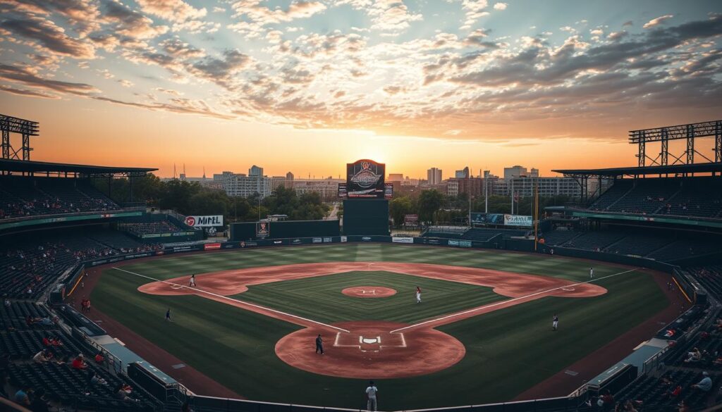 A serene ballpark on a warm summer evening, with a bustling minor league stadium in the foreground. In the middle ground, young players practice drills on the manicured field, their dedication and hustle evident. In the background, a web of minor league affiliates and player development facilities, hinting at the vast infrastructure supporting the game's next generation. Soft natural lighting bathes the scene, creating a sense of tranquility and potential. The image conveys the essential role of the minor leagues in cultivating baseball talent, a vital yet often overlooked aspect of the sport's ecosystem.