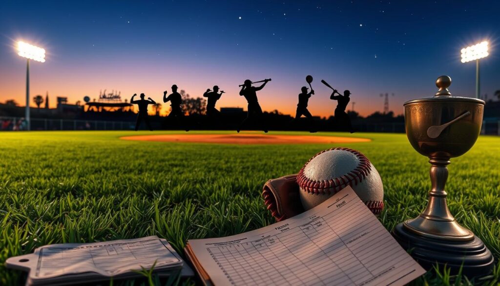 A serene baseball diamond at dusk, the outfield grass gently illuminated by the setting sun. In the foreground, a collection of baseball memorabilia - a vintage glove, a faded scorecard, and a tarnished trophy - symbolizing the game's enduring legacy. In the middle ground, larger-than-life silhouettes of baseball legends, their swinging bats and diving catches frozen in time, representing the record-breaking feats that have captivated fans for generations. The background features a starry night sky, a subtle nod to the timelessness of the sport and the timeless allure of its greatest statistical milestones.