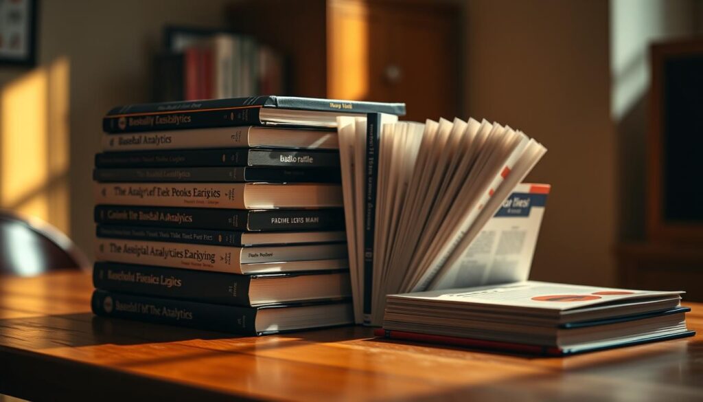 A well-lit arrangement of hardcover baseball analytics books on a wooden table, shot with a shallow depth of field. The books are neatly stacked and fanned open, showcasing their detailed covers and spines. The lighting casts warm, dramatic shadows, creating a thoughtful, scholarly atmosphere. The camera angle is slightly elevated, giving a sense of the books' importance and significance as foundational literature on the subject. The background is blurred, keeping the focus solely on the subject matter.