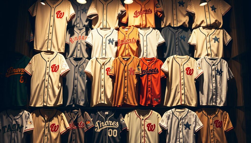 Baseball uniforms history, a visual chronicle of the sport's sartorial evolution. A vibrant display of vintage jerseys, from the crisp, tailored looks of the early 20th century to the bold, graphic designs of the modern era. Captured in a rich, sepia-toned palette, the uniforms stand as tangible testaments to the game's enduring traditions. Arranged in a visually striking grid, the jerseys are illuminated by soft, directional lighting, casting subtle shadows that accentuate their intricate textures and patterns. This curated collection serves as a visual reference for enthusiasts and historians alike, inviting the viewer to explore the stylistic choices that have defined the sport's visual identity over time. Baseball uniforms history, a visual chronicle of the sport's sartorial evolution. A vibrant display of vintage jerseys, from the crisp, tailored looks of the early 20th century to the bold, graphic designs of the modern era. Captured in a rich, sepia-toned palette, the uniforms stand as tangible testaments to the game's enduring traditions. Arranged in a visually striking grid, the jerseys are illuminated by soft, directional lighting, casting subtle shadows that accentuate their intricate textures and patterns. This curated collection serves as a visual reference for enthusiasts and historians alike, inviting the viewer to explore the stylistic choices that have defined the sport's visual identity over time.