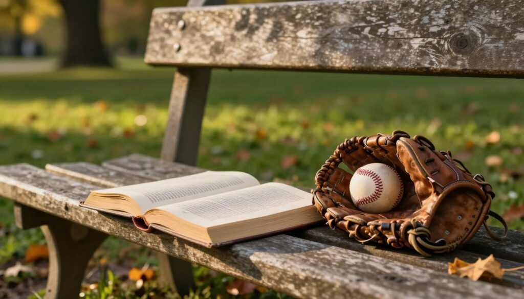 A classic baseball novel and glove on a wooden bench A classic baseball novel and glove on a wooden bench