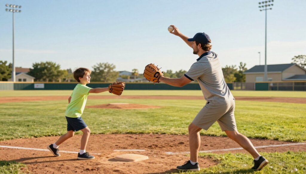 A father and son playing catch at a baseball field, symbolizing the legacy and baseball fiction themes passed between generations.