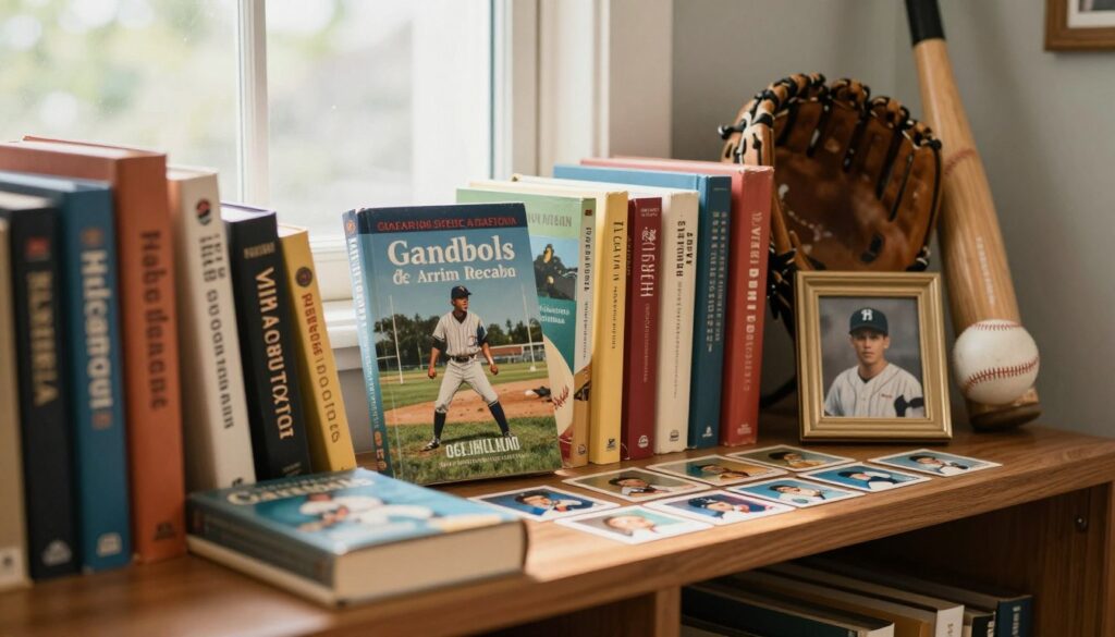 classic baseball fiction books and memorabilia on a shelf