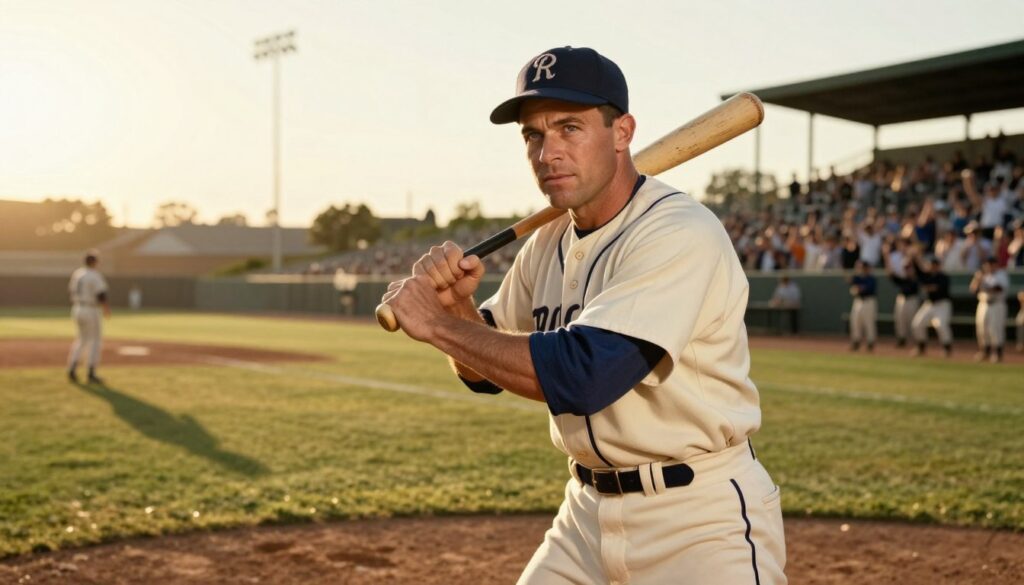 A detailed portrait of Ted Williams, the iconic baseball player, basking in the golden glow of a late afternoon sun. In the foreground, a vintage baseball bat rests against his shoulder, symbolizing his achievements. Ted, dressed in a smart, classic baseball uniform, stands confidently in a dynamic batting pose, with an intense focus in his eyes. The middle ground features a blurred baseball field, highlighting the nostalgic essence of the game, with a faint outline of cheering fans in the background. Soft lighting casts elongated shadows, enhancing the emotional depth of the scene. The atmosphere is one of reverence and nostalgia, embodying the spirit of sporting excellence and a relentless pursuit of perfection. The image should evoke inspiration and admiration for his legendary career without any text or overlays.