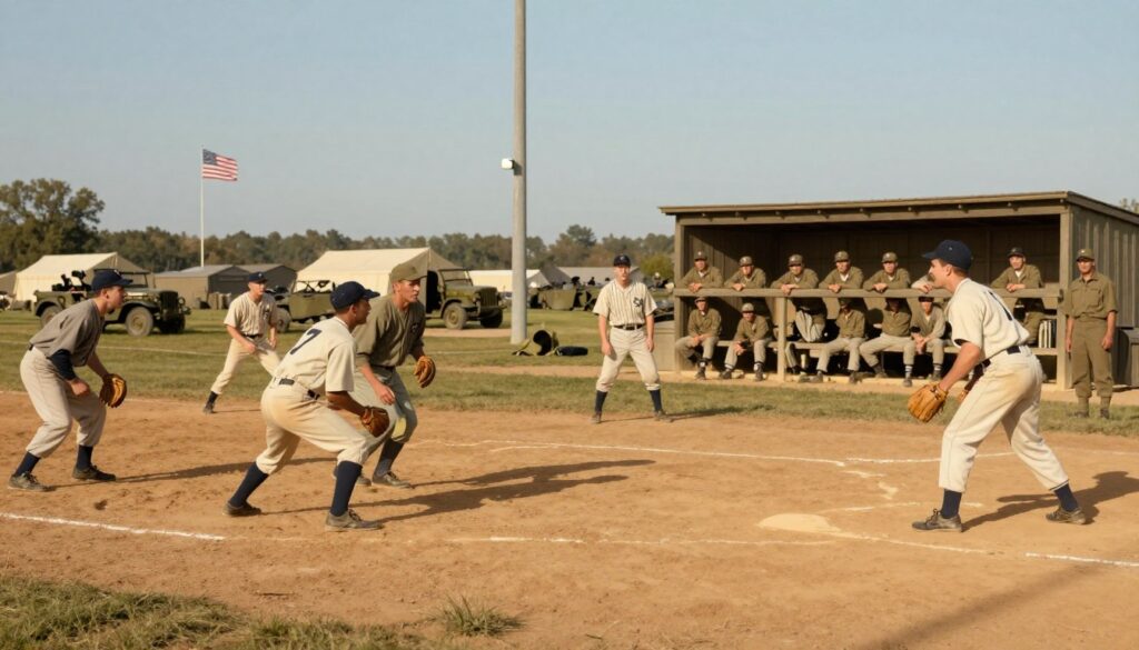 A dramatic baseball scene set during World War II, capturing a vintage baseball diamond surrounded by soldiers and military vehicles. In the foreground, a diverse group of players in 1940s baseball uniforms, with caps and gloves, passionately competing in a game. The middle ground features soldiers leaning against a wooden dugout, watching the game intently, with expressions of nostalgia and camaraderie. The background showcases a distant military camp, with tents and an American flag waving in the breeze, under a clear blue sky. The lighting is warm and golden, reminiscent of late afternoon, creating a nostalgic mood. The angle is slightly elevated, providing a dynamic view of the action on the field while emphasizing the juxtaposition of baseball and wartime elements, evoking a sense of unity and resilience.