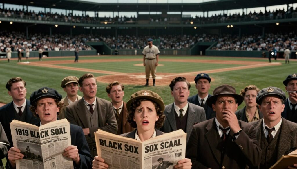 A dramatic scene depicting the public reaction to the 1919 Black Sox Scandal in a historic baseball setting. In the foreground, a diverse group of disgruntled fans in 1920s clothing express anger and disbelief, with some holding newspapers featuring headlines about the scandal. The middle ground features an iconic baseball field with a shadowy figure of a player in a vintage uniform, representing the disgraced team, appearing disheartened. The background shows an old-fashioned stadium filled with spectators, their faces a mix of betrayal and confusion. The lighting is moody, with dramatic shadows cast by overhead lights, creating an atmosphere of tension and disappointment. The image should capture the essence of a crucial moment in sports history, emphasizing the emotional weight of public disillusionment. A dramatic scene depicting the public reaction to the 1919 Black Sox Scandal in a historic baseball setting. In the foreground, a diverse group of disgruntled fans in 1920s clothing express anger and disbelief, with some holding newspapers featuring headlines about the scandal. The middle ground features an iconic baseball field with a shadowy figure of a player in a vintage uniform, representing the disgraced team, appearing disheartened. The background shows an old-fashioned stadium filled with spectators, their faces a mix of betrayal and confusion. The lighting is moody, with dramatic shadows cast by overhead lights, creating an atmosphere of tension and disappointment. The image should capture the essence of a crucial moment in sports history, emphasizing the emotional weight of public disillusionment.