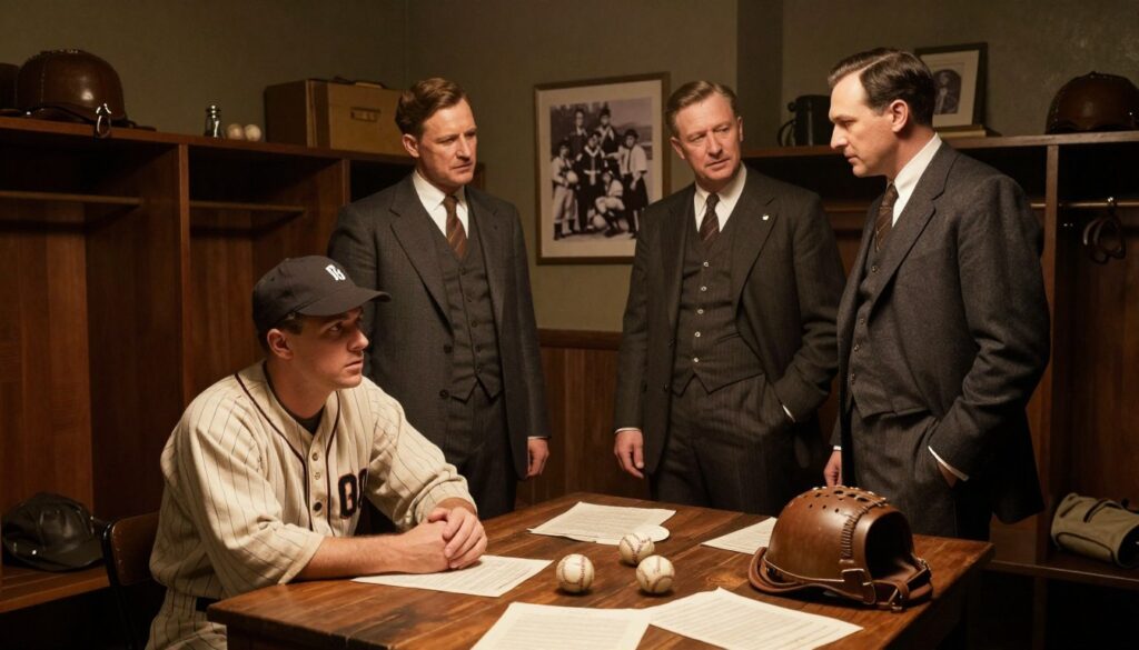 A dramatic scene set in a dimly lit 1920s baseball locker room, featuring five key figures from the 1919 Black Sox Scandal standing around a wooden table strewn with baseball gear and papers. In the foreground, a player in a vintage baseball uniform sits with a worried expression, while two others stand beside him, looking conspiratorial in professional suits of the era. A framed black-and-white photograph of baseball's early days hangs in the background, along with vintage memorabilia, enhancing the historical atmosphere. The warm, amber lighting casts shadows that suggest secrecy and tension, while a wide-angle lens captures the intensity of the moment. The overall mood should evoke a sense of intrigue and betrayal, encapsulating the dark chapter of baseball history. A dramatic scene set in a dimly lit 1920s baseball locker room, featuring five key figures from the 1919 Black Sox Scandal standing around a wooden table strewn with baseball gear and papers. In the foreground, a player in a vintage baseball uniform sits with a worried expression, while two others stand beside him, looking conspiratorial in professional suits of the era. A framed black-and-white photograph of baseball's early days hangs in the background, along with vintage memorabilia, enhancing the historical atmosphere. The warm, amber lighting casts shadows that suggest secrecy and tension, while a wide-angle lens captures the intensity of the moment. The overall mood should evoke a sense of intrigue and betrayal, encapsulating the dark chapter of baseball history.
