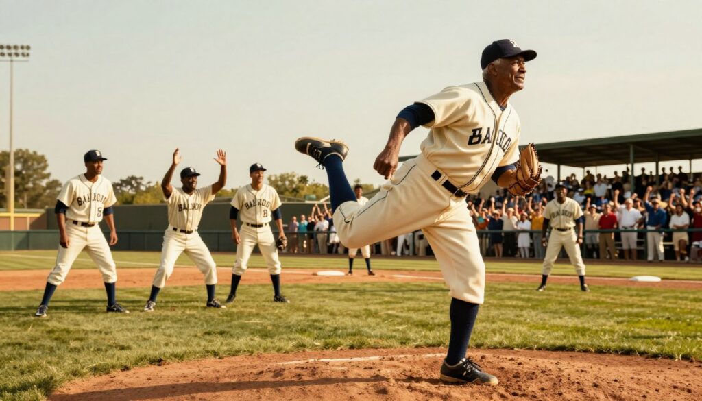 A dynamic composition showcasing legendary baseball players on a sunlit diamond field, capturing the spirit of the game. In the foreground, an elderly black pitcher resembling Satchel Paige delivers a classic windup in a vintage baseball uniform, showcasing his expertise and grace. The middle layer features diverse teammates in action, highlighting camaraderie and teamwork as they celebrate a home run. In the background, a vibrant crowd in retro attire cheers enthusiastically, reflecting a sense of nostalgia and excitement. The scene is bathed in golden hour lighting, casting warm hues over the players, creating a heartfelt, inspiring atmosphere. Use a low-angle perspective to emphasize the players’ heroic stature, making the viewer feel immersed in this moment of pinnacle achievement. A dynamic composition showcasing legendary baseball players on a sunlit diamond field, capturing the spirit of the game. In the foreground, an elderly black pitcher resembling Satchel Paige delivers a classic windup in a vintage baseball uniform, showcasing his expertise and grace. The middle layer features diverse teammates in action, highlighting camaraderie and teamwork as they celebrate a home run. In the background, a vibrant crowd in retro attire cheers enthusiastically, reflecting a sense of nostalgia and excitement. The scene is bathed in golden hour lighting, casting warm hues over the players, creating a heartfelt, inspiring atmosphere. Use a low-angle perspective to emphasize the players’ heroic stature, making the viewer feel immersed in this moment of pinnacle achievement.