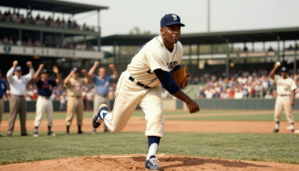 A dynamic scene capturing Satchel Paige on the pitcher's mound during a pivotal moment in a historic baseball game. Foreground features Paige in a classic white baseball uniform, his eyes focused and determined, showcasing the intensity of his character and skill. In the middle ground, blurred figures of cheering fans, illustrating the excitement and challenges he faced throughout his career. The background fades into a vintage baseball stadium, with warm golden sunlight illuminating the scene, creating a nostalgic atmosphere. The angle is slightly low to emphasize Paige's stature and presence on the mound, evoking feelings of triumph and resilience. The overall mood is energetic yet respectful, celebrating his legacy in a sport filled with challenges. A dynamic scene capturing Satchel Paige on the pitcher's mound during a pivotal moment in a historic baseball game. Foreground features Paige in a classic white baseball uniform, his eyes focused and determined, showcasing the intensity of his character and skill. In the middle ground, blurred figures of cheering fans, illustrating the excitement and challenges he faced throughout his career. The background fades into a vintage baseball stadium, with warm golden sunlight illuminating the scene, creating a nostalgic atmosphere. The angle is slightly low to emphasize Paige's stature and presence on the mound, evoking feelings of triumph and resilience. The overall mood is energetic yet respectful, celebrating his legacy in a sport filled with challenges.