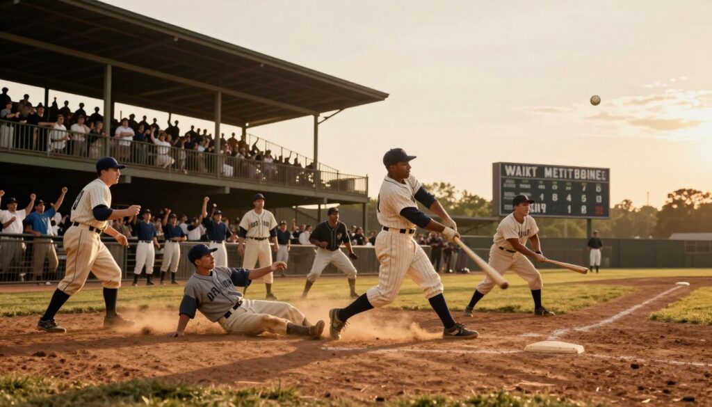 A dynamic scene capturing baseball legends on a vintage baseball diamond at sunset. In the foreground, a diverse group of iconic players, dressed in classic 1910s baseball uniforms, are in action, showcasing their athletic prowess—one sliding into base, another swinging a bat, and a third catching a fly ball. The middle ground reveals an old-fashioned scoreboard displaying impressive statistics and achievements, emphasizing their legendary status. The background features a rustic wooden grandstand filled with cheering fans, with warm golden hour lighting casting long shadows that evoke nostalgia. The atmosphere is tense yet celebratory, reflecting the triumphs and controversies of this golden era in baseball history. The image is composed with a slight low angle for a dramatic perspective, showcasing the grandeur of the sport.