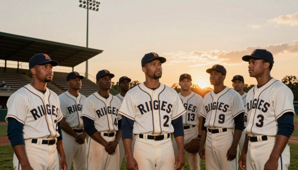 A dynamic scene capturing the essence of civil rights in sports, focusing on the long-term impact of baseball integration. In the foreground, a diverse group of athletes in professional baseball uniforms stands united, showcasing determination and camaraderie. Their expressions are proud and resolute, symbolizing perseverance and change. In the middle ground, a vintage baseball field with iconic elements like old wooden bleachers and a classic scoreboard. The background features a sunset sky, casting warm golden hues that illuminate the scene, creating a hopeful atmosphere. The image is shot from a slightly low angle to emphasize the athletes' stature and significance. The composition conveys a sense of legacy and ongoing progress, highlighting the continued importance of equality and diversity in sports.