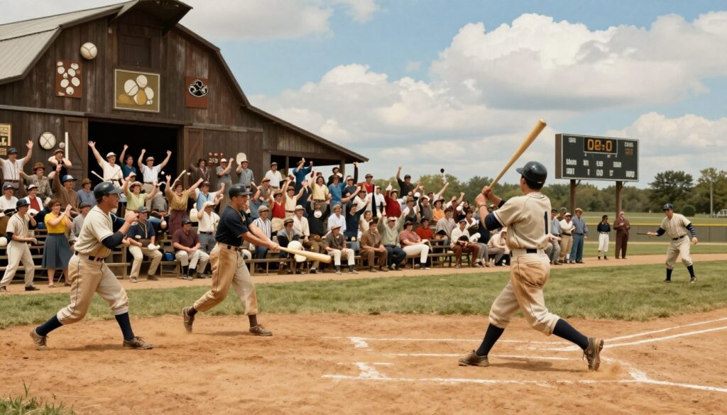 A dynamic scene capturing the spirit of barnstorming baseball in the early 20th century. In the foreground, a group of diverse baseball players, dressed in vintage uniforms, dramatically enact a game, showcasing key players — some swinging bats, others running the bases. In the middle ground, a spirited crowd of enthusiastic fans, wearing period-appropriate attire, cheer passionately from rickety bleachers. The background features a rustic barn adorned with baseball memorabilia and an old-fashioned scoreboard, under a bright blue sky with fluffy white clouds. The image is bathed in warm afternoon sunlight, creating a nostalgic and vibrant atmosphere. The angle is slightly elevated, offering a cinematic view of this energetic and historic moment in baseball.