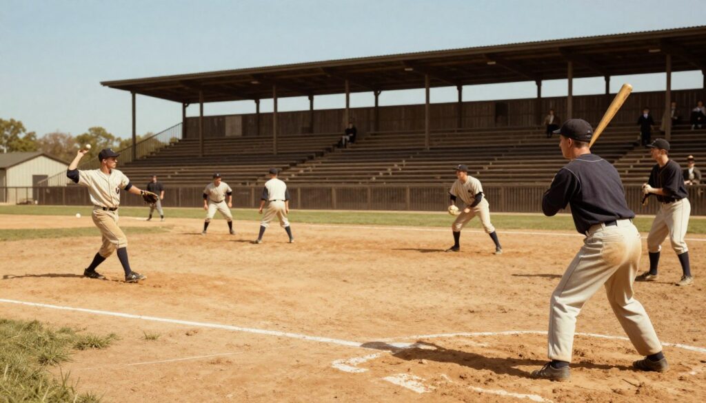 A historical baseball scene capturing the essence of the Dead-Ball Era (1900–1919). In the foreground, a group of vintage baseball players in period-appropriate uniforms, focusing on a pitcher preparing to throw a curveball, while the batter stands ready with an old-fashioned wooden bat. The middle ground features a dusty infield with visible chalk lines and a few spectators dressed in early 20th-century attire, observing the game intently. In the background, an old baseball stadium with wooden bleachers and a clear blue sky casts a warm, golden light over the scene, evoking a nostalgic atmosphere. The angle is slightly elevated, giving a sweeping perspective of the field, emphasizing the strategic element of low-scoring gameplay typical of this era.