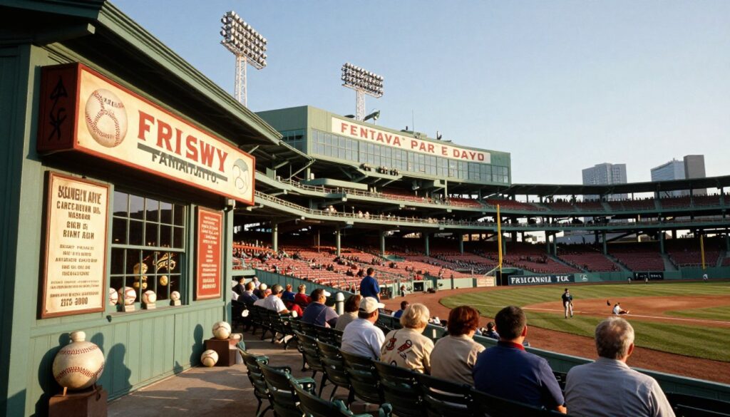 A historical view of Fenway Park, highlighting its enduring legacy amid modern renovations. In the foreground, a detailed view of the iconic Green Monster, adorned with vintage banners and old baseball memorabilia, reflects the park's storied past. In the middle ground, well-maintained seating areas show a blend of classic and modern elements, with fans in modest casual clothing attending a game, evoking a sense of nostalgia. The background features a clear blue sky, with the skyline of Boston subtly visible, indicating the urban changes surrounding the park. The lighting is warm and inviting, capturing a golden hour glow that enhances the atmosphere of resilience and tradition. Focus the image with a slightly wider lens to encompass the park's historical charm alongside contemporary touches.