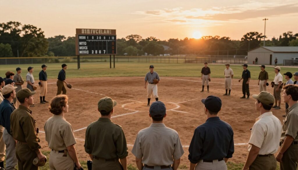 A nostalgic scene capturing the cultural and moral influence of baseball during WWII. In the foreground, a diverse group of soldiers in military uniforms and factory workers in modest work attire gather around a baseball diamond, engaged in a game. The middle ground features a classic wooden scoreboard and a vintage scoreboard displaying scores, contributing to the sense of community. In the background, a warm sunset casts a golden light over the field, enhancing the camaraderie and spirit of hope. The atmosphere feels nostalgic yet empowering, evoking a sense of unity. The lighting is soft and warm, reminiscent of an early evening, shot from a slightly elevated angle to capture the action and expressions of camaraderie on the players' faces.