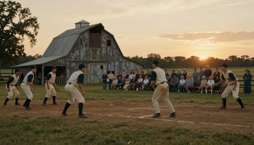 A nostalgic scene capturing the essence of barnstorming baseball, set in rural America during the twilight of the Golden Age. In the foreground, a group of diverse players in vintage baseball uniforms engage in a spirited game on a grassy field, showing determination and clever plays. Mid-ground features an old-timey crowd of families, dressed in period clothing, gathered on wooden benches, rooting for their teams. In the background, a rustic barn stands with faded paint, under a sunset sky that casts warm golden hues over the scene, evoking a sense of nostalgia and loss. The lighting is soft, creating long shadows and a romantic yet somber atmosphere, while the angle captures the energy of the players and the emotion from the spectators.