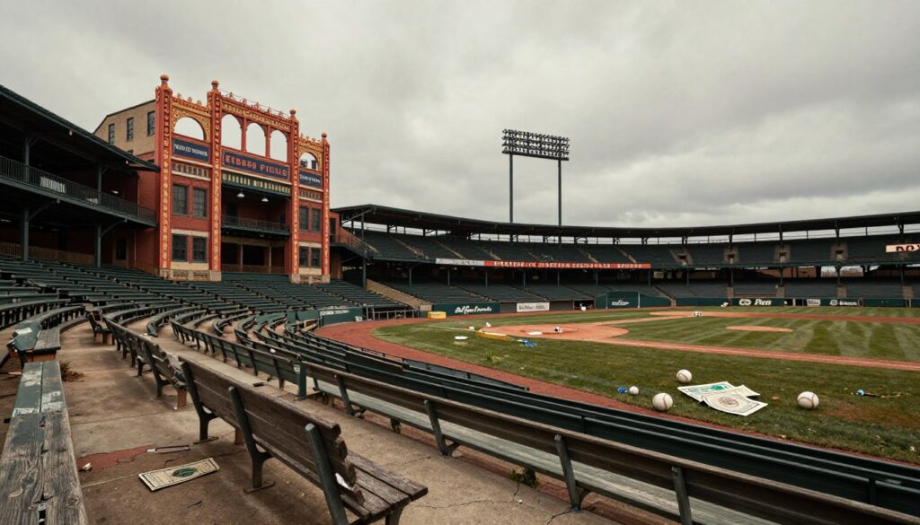 A nostalgic scene of classic ballparks, focusing on Ebbets Field and The Polo Grounds. In the foreground, empty bleachers and cracked concrete showcasing faded team colors, with a weathered wooden bench. The middle ground reveals the distinctive architecture of both ballparks, with ornate detailing on their facades, surrounded by overgrown grass and scattered, forgotten memorabilia like baseballs and old tickets. The background features an overcast sky, casting a soft, diffused light that enhances the melancholic atmosphere. Capture the essence of abandonment, with a slight tilt-up angle to encapsulate the grand structures silhouetted against the gray sky. The mood should evoke a sense of history and loss, inviting the viewer to reflect on the memories held within these once-beloved venues.