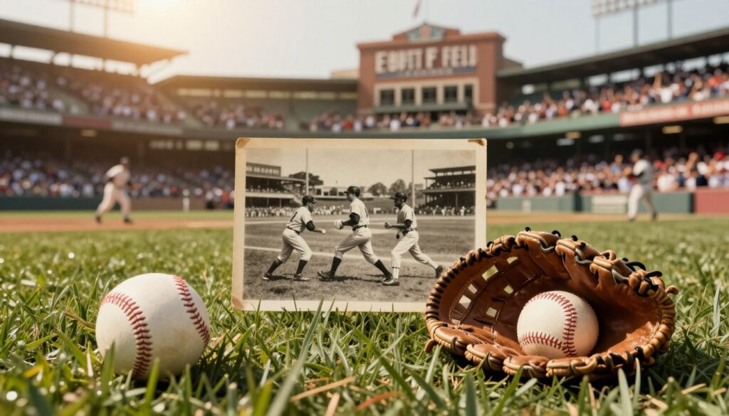 A nostalgic scene showcasing the rich history of baseball, focusing on iconic moments from Ebbets Field and The Polo Grounds. In the foreground, a vintage baseball glove and ball rest on the lush green grass, evoking a sense of nostalgia. The middle ground features a faded black and white photograph of a famous game, with players mid-action, showcasing their dedication and passion. The background reveals a packed stadium with cheering fans, capturing the vibrancy of these historic ballparks. The atmosphere is warm and sunny, illuminated by golden hour lighting that enhances the vintage feel. Use a shallow depth of field to emphasize the foreground objects, creating a dreamy, reflective mood. This image encapsulates the essence of memorable baseball events and games.