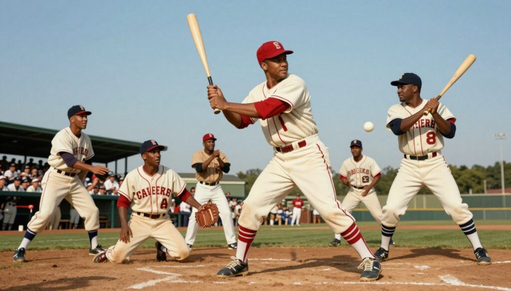 A vibrant and dynamic scene capturing the spirit of baseball legends, featuring a diverse group of iconic players in action. In the foreground, Ted Williams is depicted in a classic batting stance, wearing a vintage red and white uniform, focused on an incoming pitch; his expression conveys determination and passion. Around him, legendary figures like Jackie Robinson and Babe Ruth are seen in mid-action, showcasing their unique styles, with Robinson sliding into second base and Ruth swinging a bat. The middle ground reveals an enthusiastic crowd with vintage baseball caps and uniforms, adding to the ambiance. The background features a sunlit baseball field with a clear blue sky, creating a warm, nostalgic atmosphere. The lighting is soft, emphasizing the golden hour glow, and the framing captures a slight low angle, enhancing the grandeur of the moment. The overall mood is inspiring and celebratory, embodying the legacy of baseball excellence.