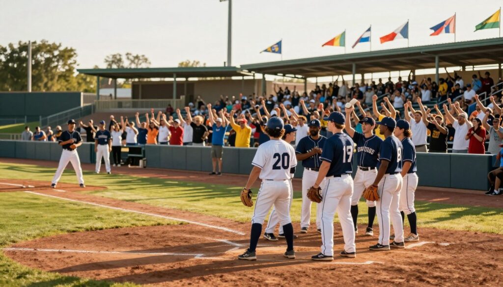 A vibrant baseball field bustling with life during a game, foreground featuring a diverse group of players in professional baseball uniforms, showcasing unity and teamwork. In the middle ground, enthusiastic fans of various backgrounds cheer, displaying a blend of joy and hope, symbolizing community support and integration. The background offers a sunny stadium with flags and banners representing different cultures. The scene is captured during golden hour, with warm sunlight casting dynamic shadows, enhancing the lively atmosphere. The angle is slightly elevated, providing a panoramic view that captures the depth of the field and the engagement of the crowd, invoking feelings of camaraderie, hope, and the positive impact of baseball integration on teams and communities.