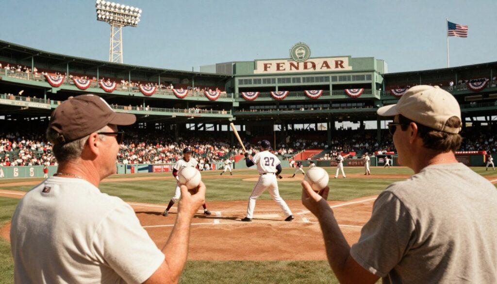 A vibrant depiction of Fenway Park, showcasing its rich history and famous moments. In the foreground, two fans in modest casual clothing celebrate an iconic moment, holding baseball memorabilia. The middle ground features the iconic Green Monster, with players in period-appropriate uniforms from the 1960s, engaged in a dramatic play. The background reveals the historic brick façade of Fenway Park under a clear blue sky, with traditional American flag banners fluttering. The lighting is warm and golden, capturing the essence of a sunny game day, emphasizing nostalgia and excitement. The atmosphere is lively and joyous, evoking the spirit of unforgettable baseball moments without any text or branding.
