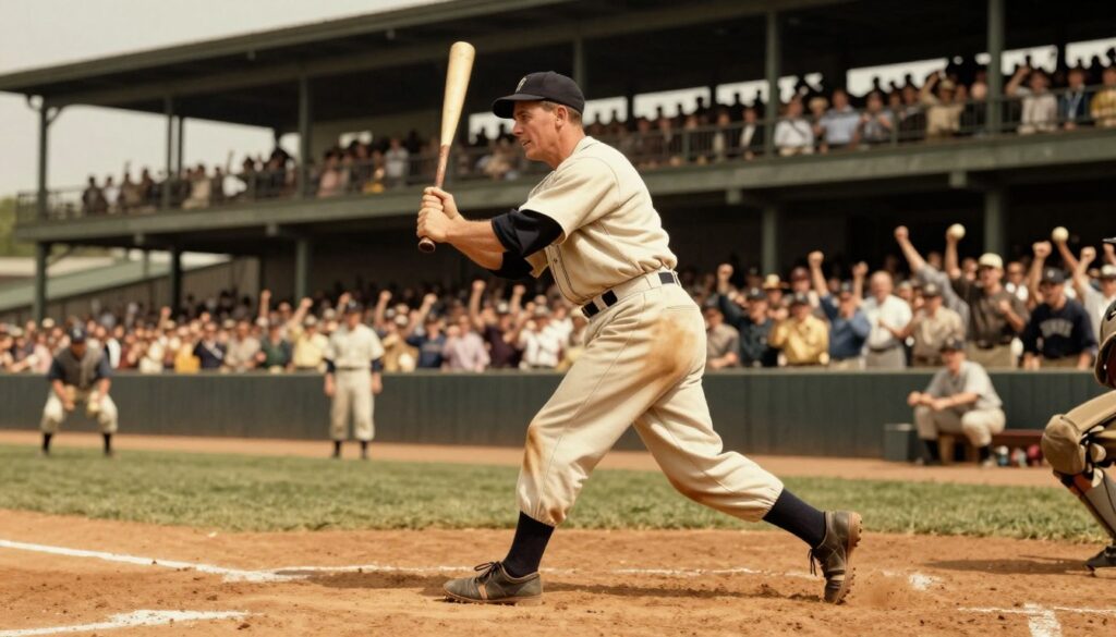 A vintage baseball scene depicting Ty Cobb in action, showcasing his powerful swing and aggressive base running style. In the foreground, Cobb, dressed in early 20th-century baseball attire with a cap, is captured mid-stride, demonstrating his intense focus and determination. The middle ground features a bustling baseball diamond with spectators in period clothing, emphasizing the excitement of the game. In the background, an iconic old-time stadium filled with fans cheers him on. The lighting is warm and nostalgic, evoking a golden hour ambiance, enhancing the historical feel of the image. A sense of movement and energy permeates the atmosphere, reflecting Cobb's profound influence on the game of baseball. The shot is taken from a slightly low angle to emphasize Cobb's stature and legacy as a baseball legend.