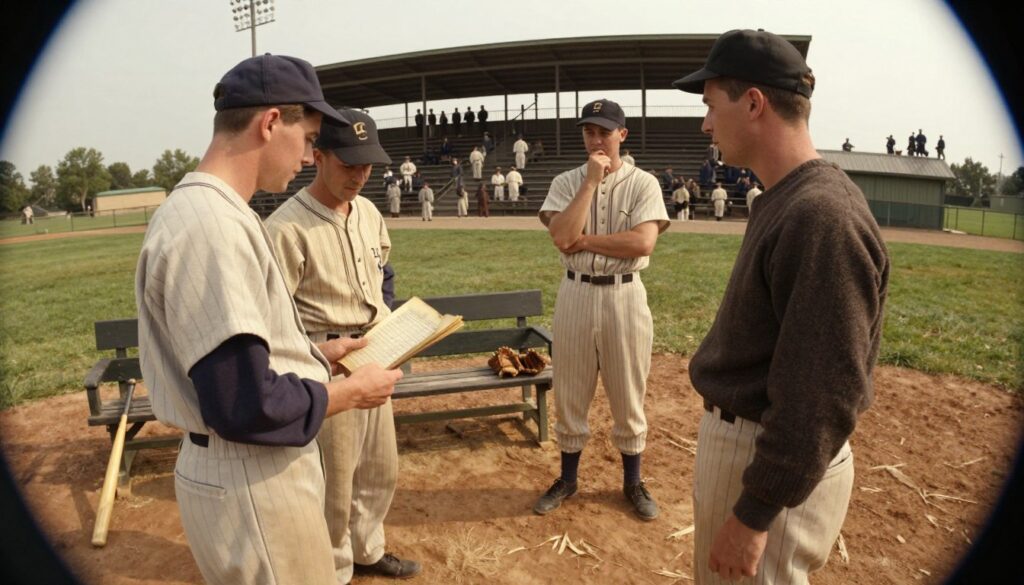 A vintage baseball scene depicting key players from the Dead-Ball Era (1900–1919) engaged in a lively strategy discussion on the diamond. In the foreground, two players in period-appropriate uniforms examine a worn scorebook while a third player stands thoughtfully, dressed in a wool uniform and cap. In the middle ground, a classic wooden bench holds period bats and gloves, with a backdrop of a well-worn field under a soft afternoon light. The distant bleachers are populated by spectators in early 20th-century attire, capturing the era's charm. The atmosphere is nostalgic and reflective, highlighting the tactical nature of baseball during its low-scoring years. Use a slightly fisheye lens effect to evoke an immersive, historical perspective.