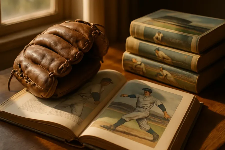 Baseball trade books stacked beside a scorebook and a glove