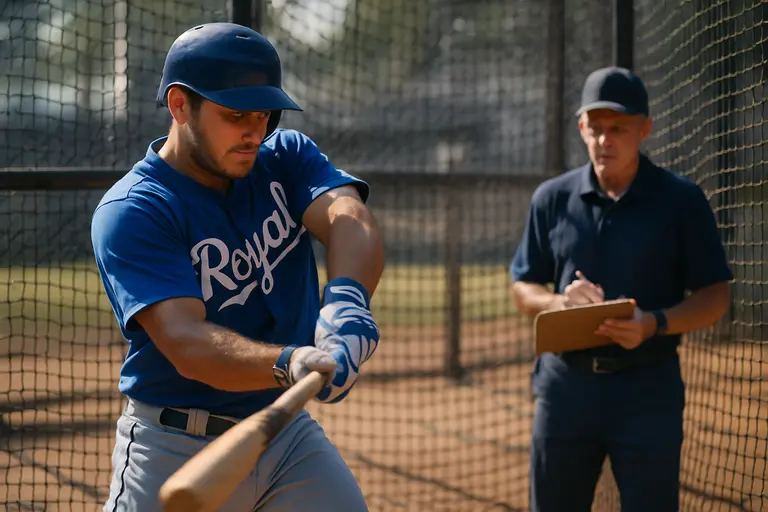 Batter making contact as an outfielder tracks a deep fly ball