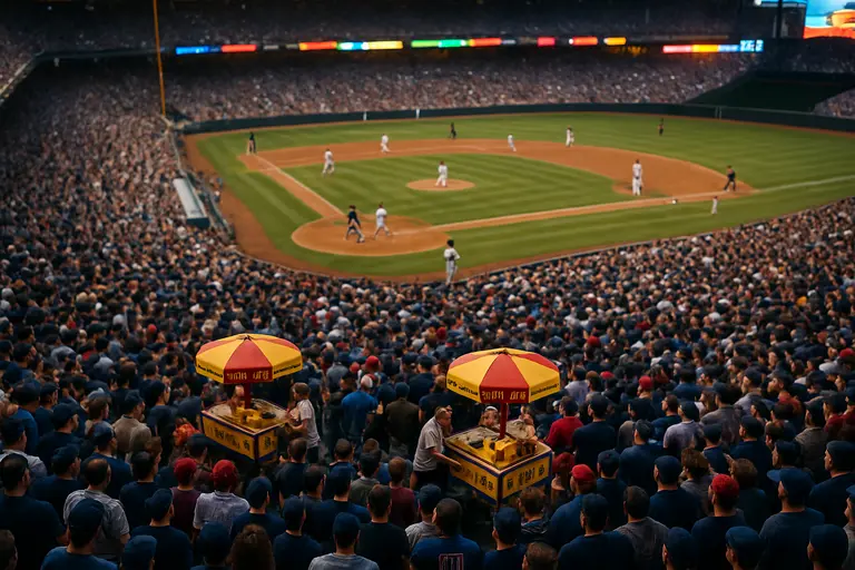Crowd entering a modern ballpark with coaches watching from the field