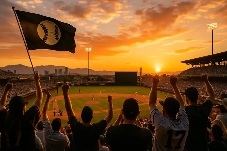 Las Vegas ballpark construction site with baseball field plans and city skyline nearby