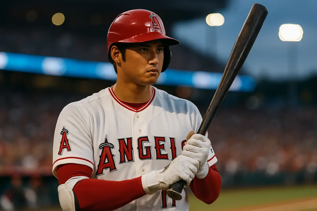 Ohtani Dual Role analysis with a bat, glove, and knee support on a clubhouse bench