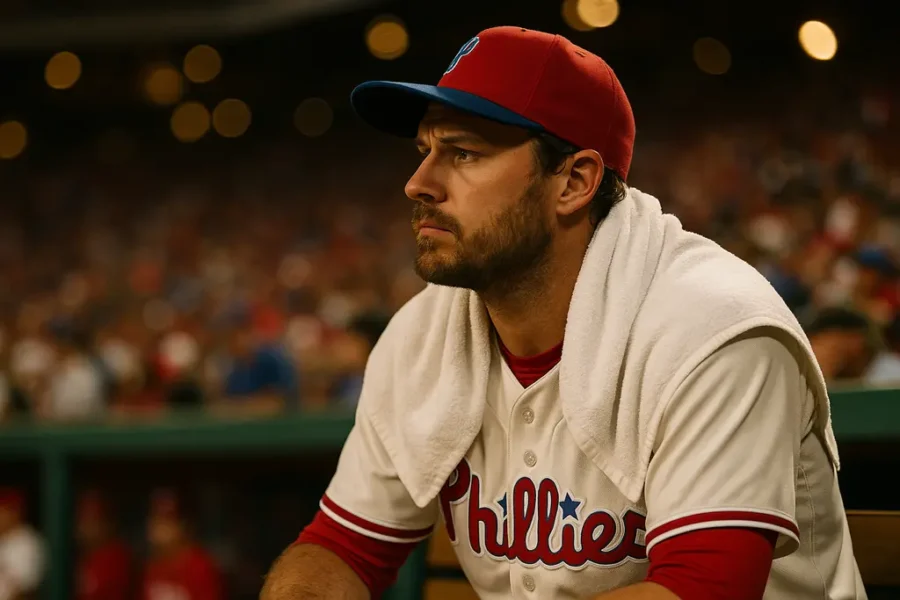 Phillies Bullpen Management scene with a reliever warming up near the dugout
