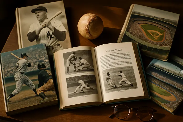 Shelf of baseball books with a notebook open to trade categories