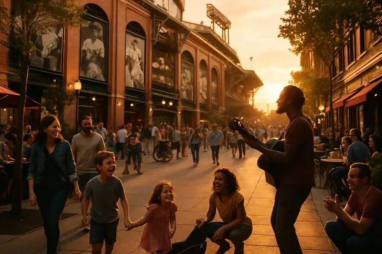 Ballpark district with apartments, offices, restaurants, and fans walking nearby