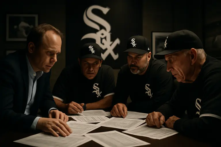 Baseball coaches reviewing lineup cards near a dugout rail