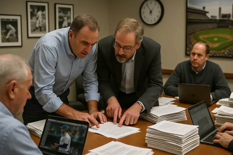 Baseball contracts and scouting notes arranged on a front office desk