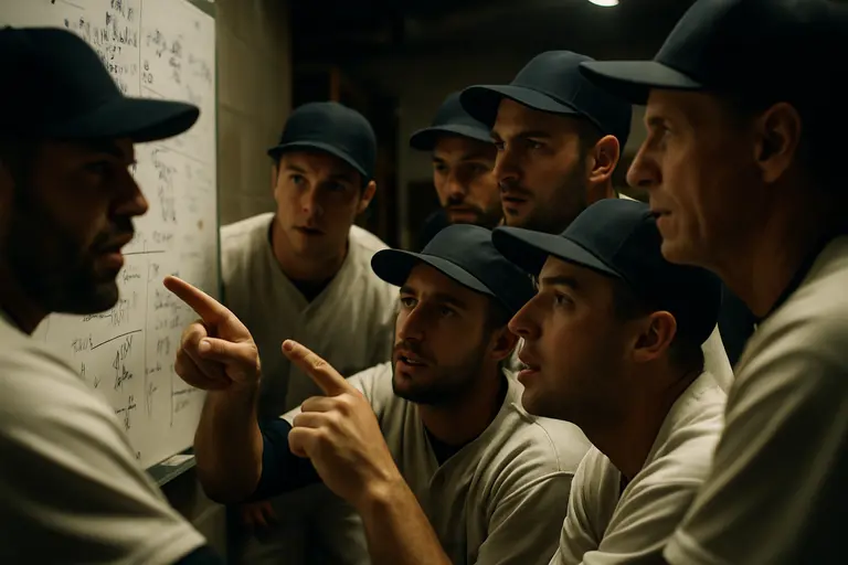 Baseball scoreboard with standings notes beside a quiet field
