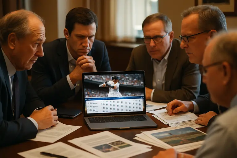 Baseball executives watching minor league players from behind the backstop