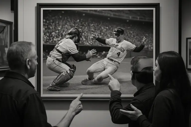 Archive-style baseball scene with two clubs preparing before a cool evening game