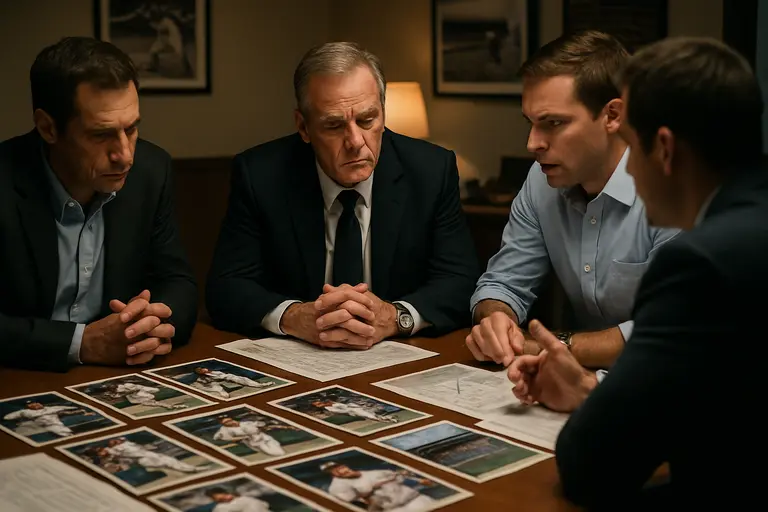 Front office notes, player reports, and baseball data sheets spread across a desk