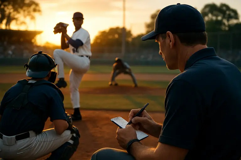 Starting pitcher following through as a catcher receives the pitch