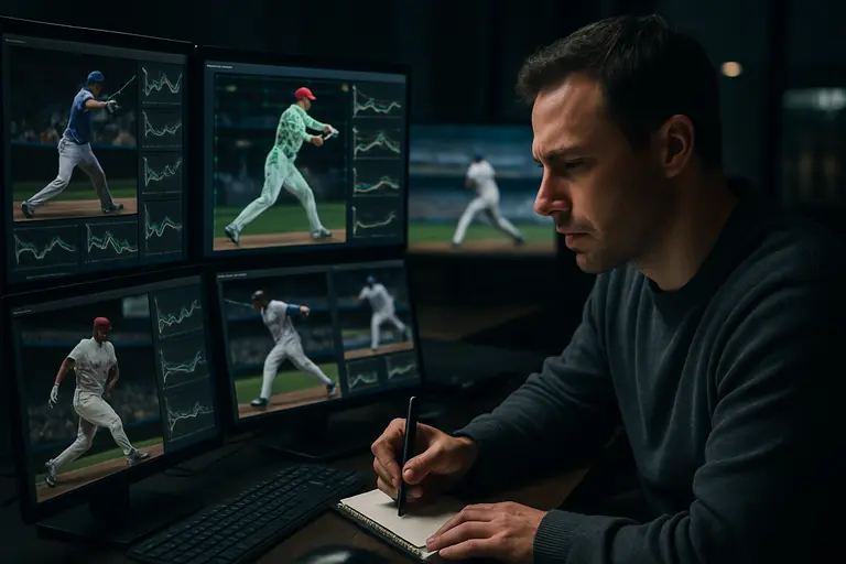 Coach and athlete reviewing baseball performance data after a throwing session