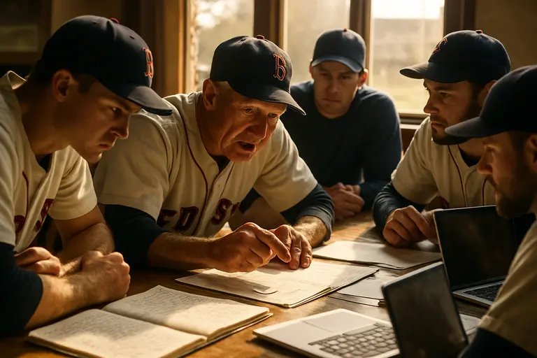 College baseball coaches reviewing player reports near an indoor cage