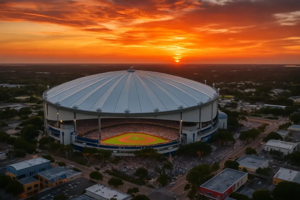 Rays Forever Home concept with a fixed-roof ballpark and fans outside the venue